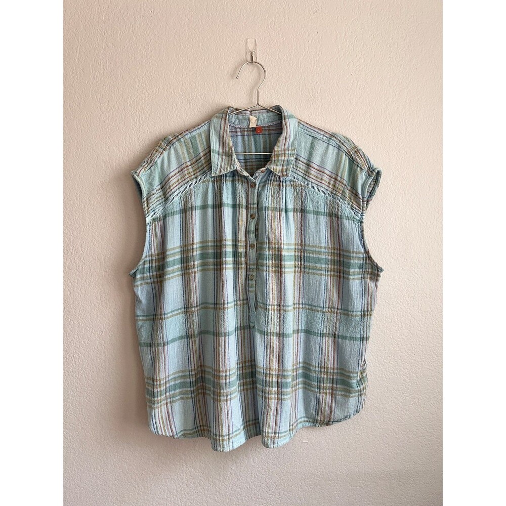 Pilcro Anthropologie The Serena Surf Blouse in Blue Plaid Size LARGE